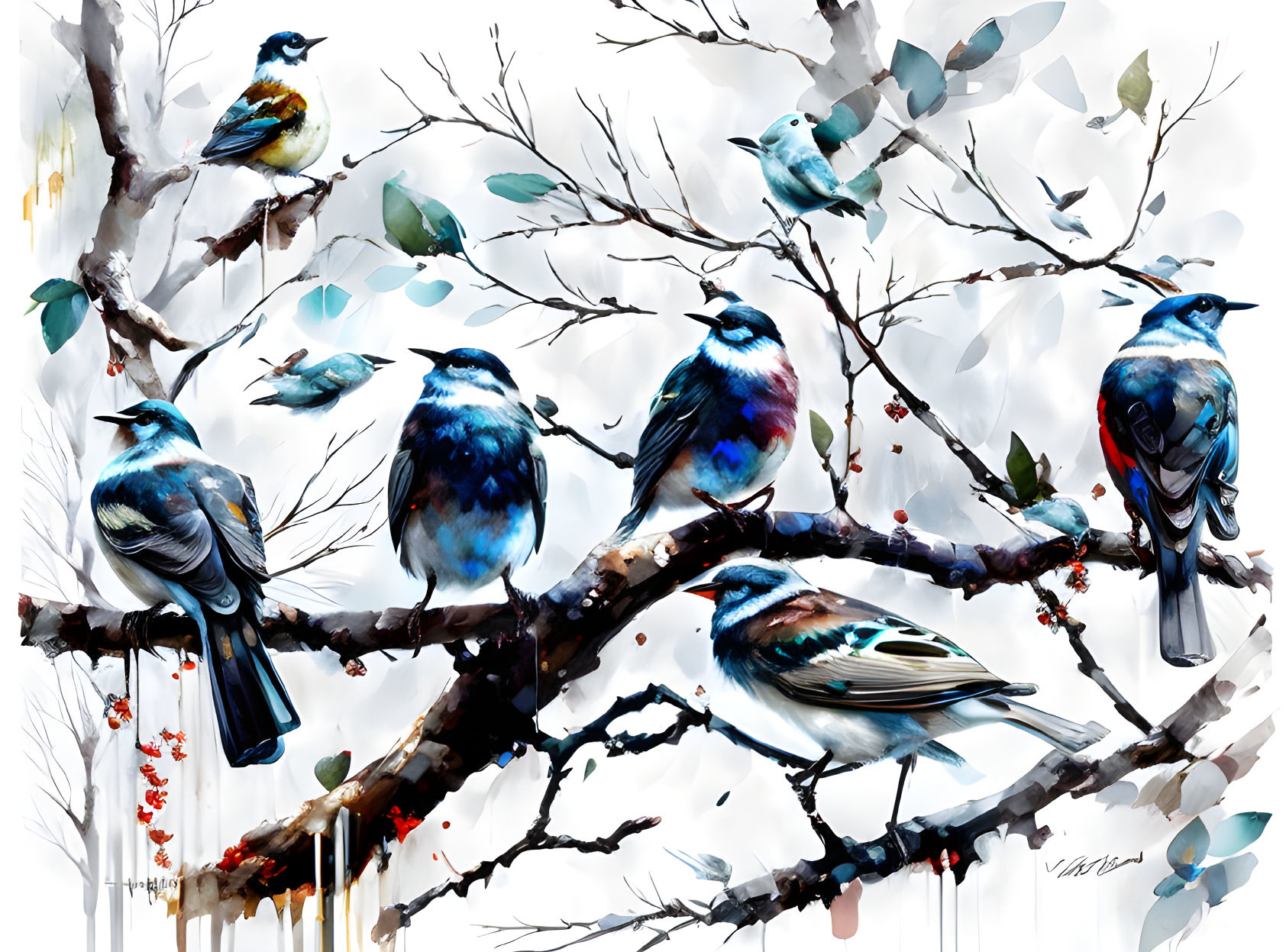 Colorful Birds Perched on Branches in Paint-Drip Style