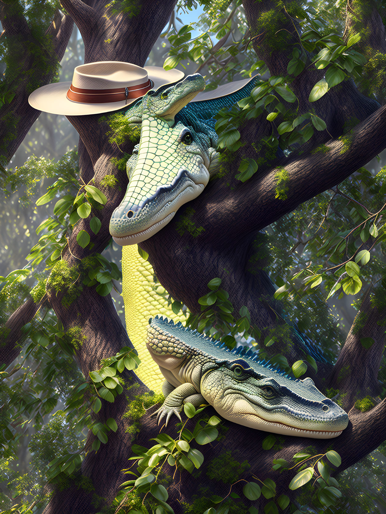 Anthropomorphic alligators in hats resting in forest scene