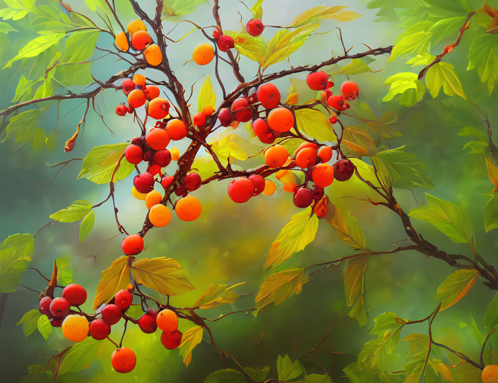 Colorful branch with red and orange berries in lush forest setting