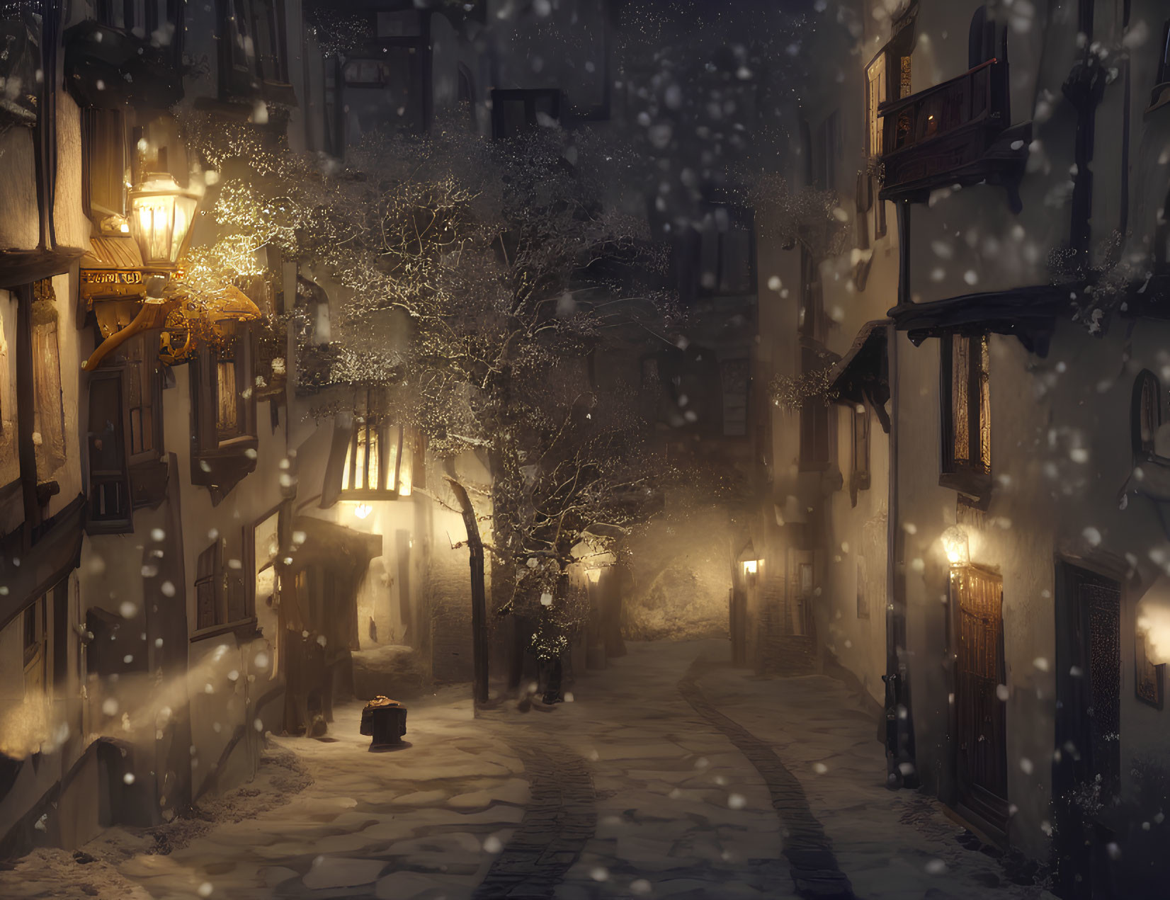 Snow-covered alley with warm street lamps on peaceful night