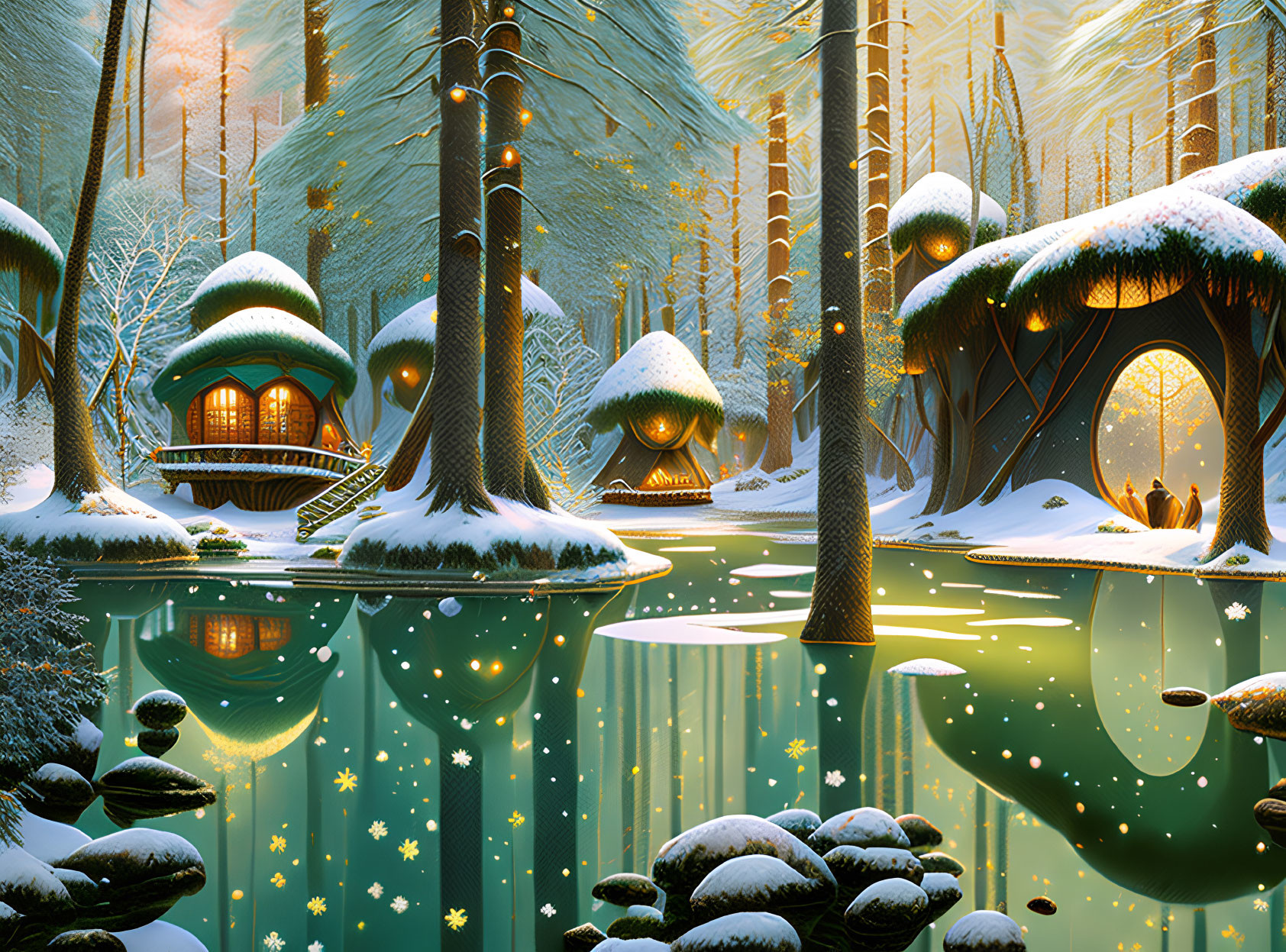 Whimsical mushroom houses in enchanted winter forest