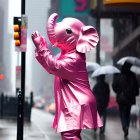 Person in Pink Elephant Costume on Rainy City Street with Traffic Lights and Pedestrians