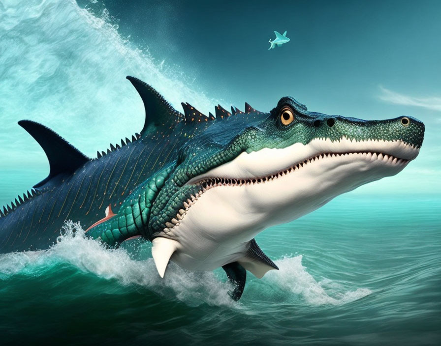 Digital artwork: Shark-alligator hybrid swimming in clear ocean under wave