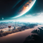 Surreal landscape with sharp mountains, starry sky, massive planet, and illuminated city.