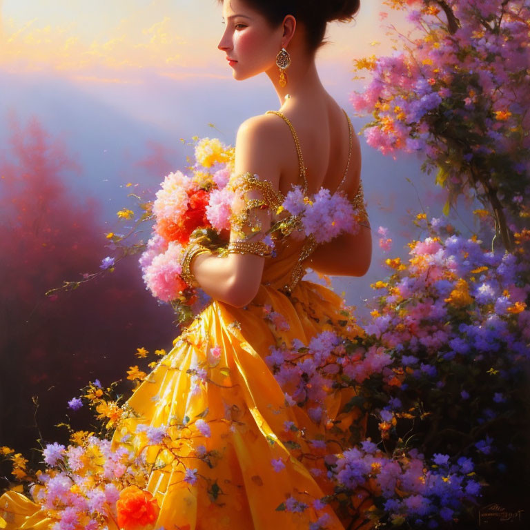 Woman in Yellow Dress Holding Flowers in Blossoming Garden at Sunset