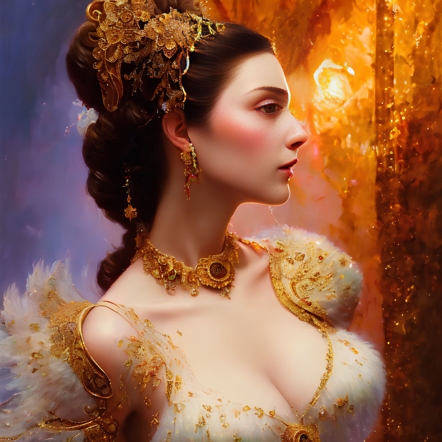 Elegant woman adorned with golden jewelry and ornate hairstyle on warm glowing backdrop