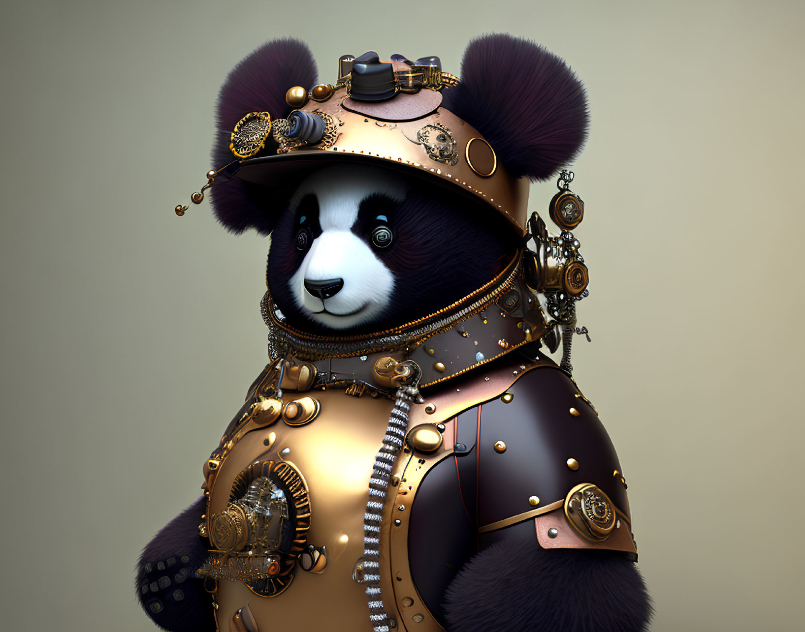 Steampunk Panda Digital Artwork with Brass and Leather Outfit