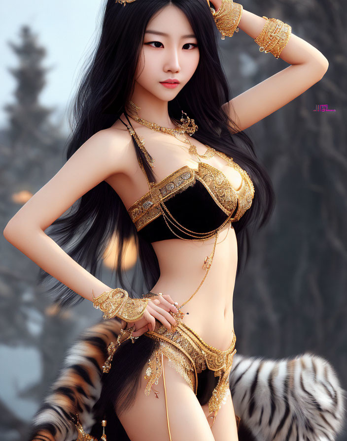 Digital Artwork: Woman in Black and Gold Bikini with White Tiger in Misty Forest