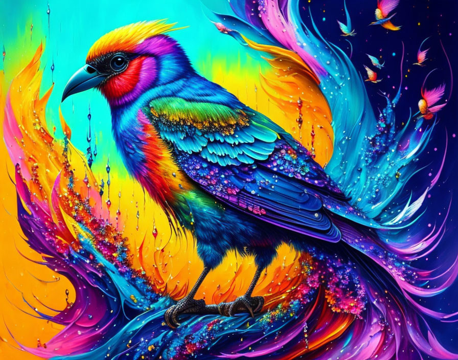 Colorful Bird Against Swirled Background of Blues, Oranges, and Purples