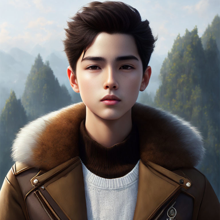 Young man with stylish hair in brown fur-collared jacket against forested mountain.