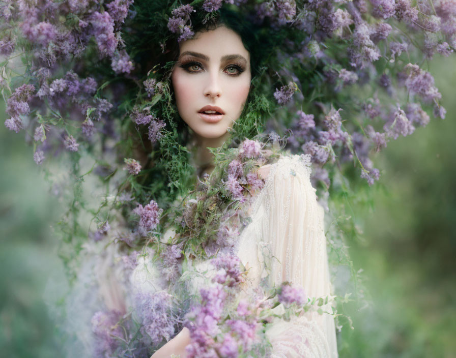 Woman with Striking Green Eyes Surrounded by Delicate Purple Flowers