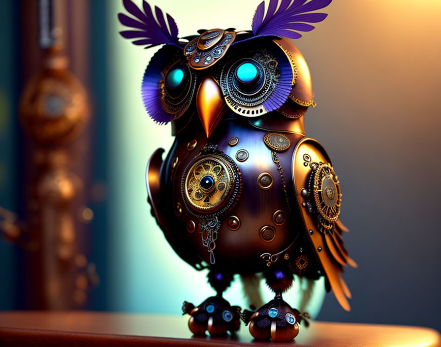 Steampunk-inspired owl with gear and cog details and glowing eyes on wooden surface