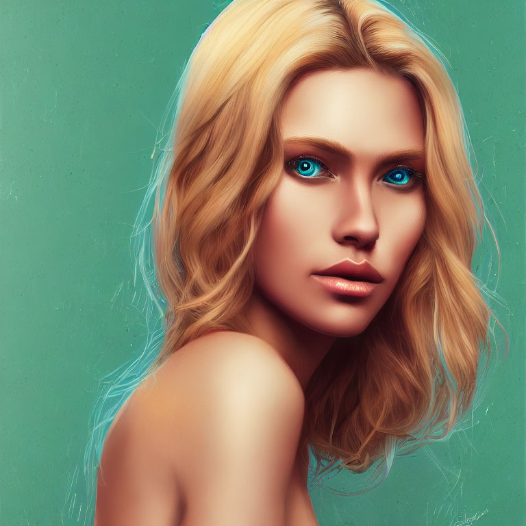 Woman with Striking Blue Eyes and Blond Hair on Teal Background
