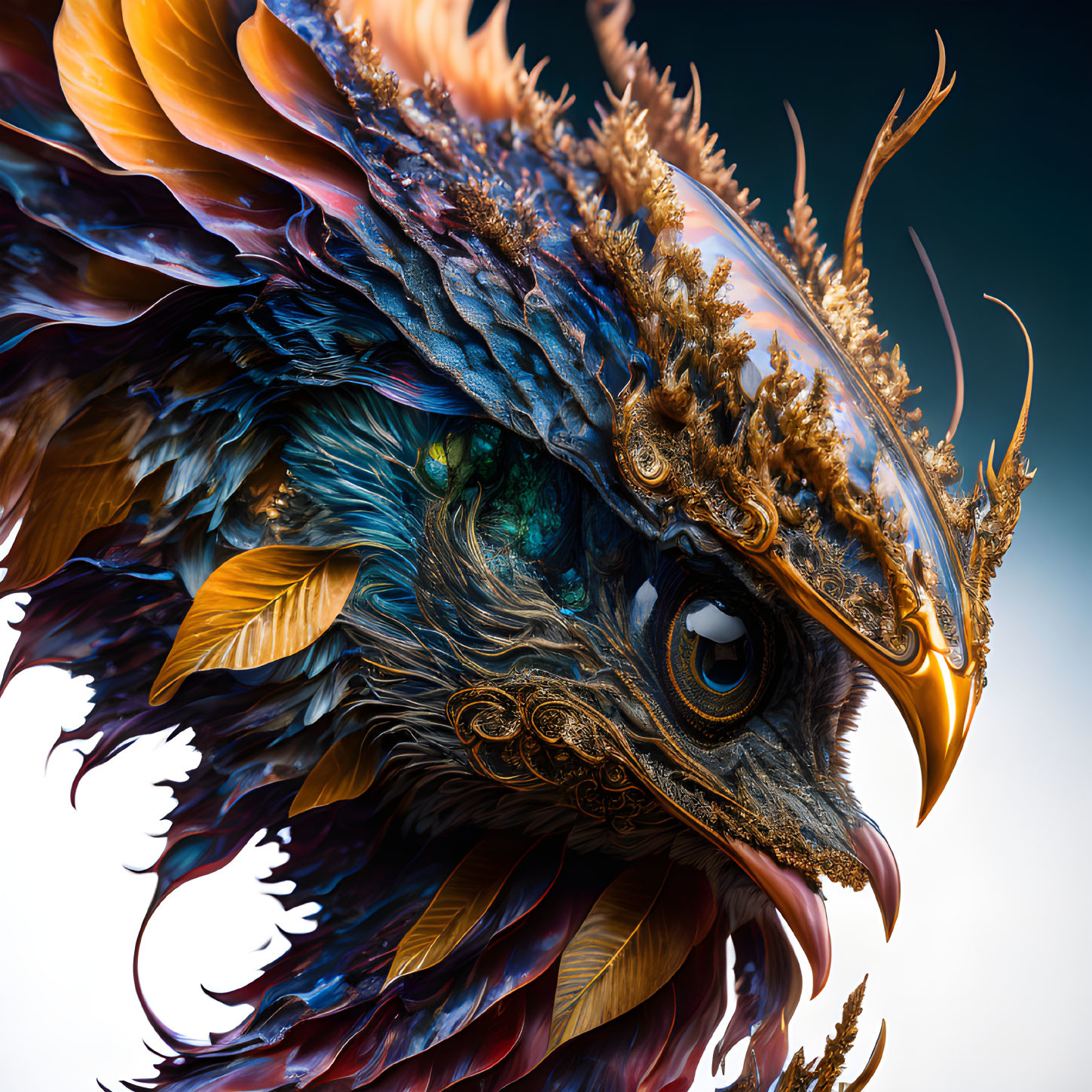 Detailed Orange and Blue Feathered Creature with Golden Decorations