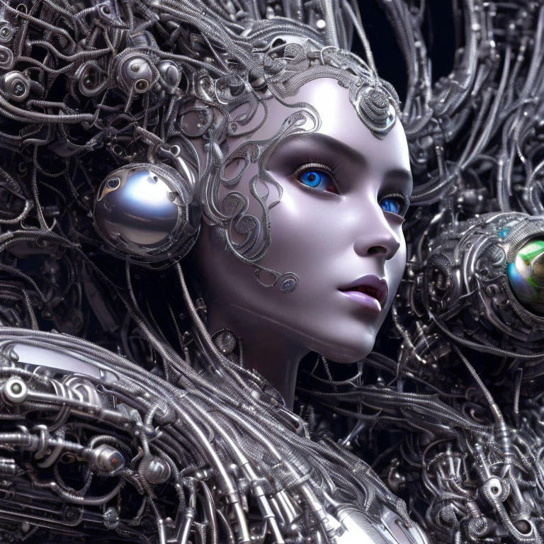 Hyper-realistic female robot with silver mechanical details and blue eyes surrounded by cables.