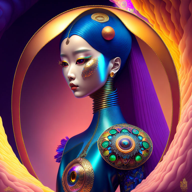Vibrant digital artwork of female figure with blue skin and gold accents