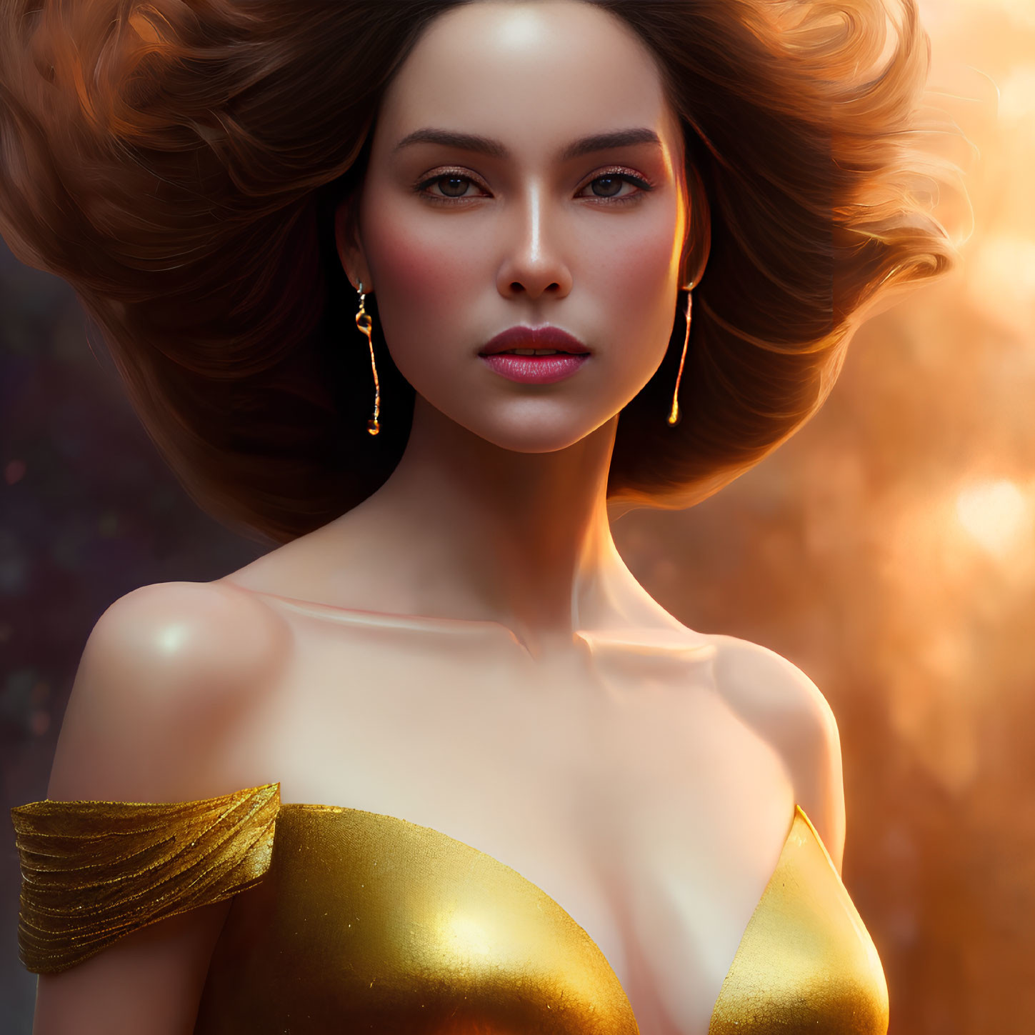 Digital portrait of woman with flowing hair, golden dress, subtle earrings