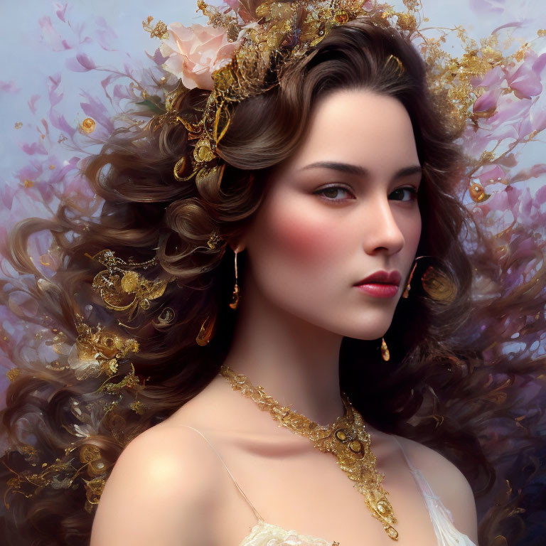 Regal woman portrait with flowing hair and gold floral accessories