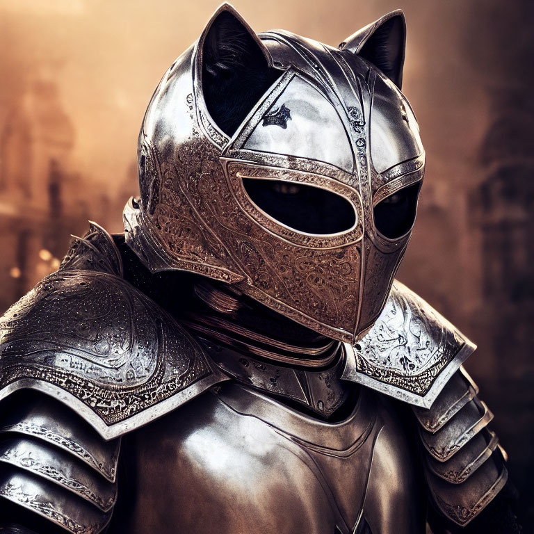 Medieval armor with cat-shaped helmet on smoky amber background