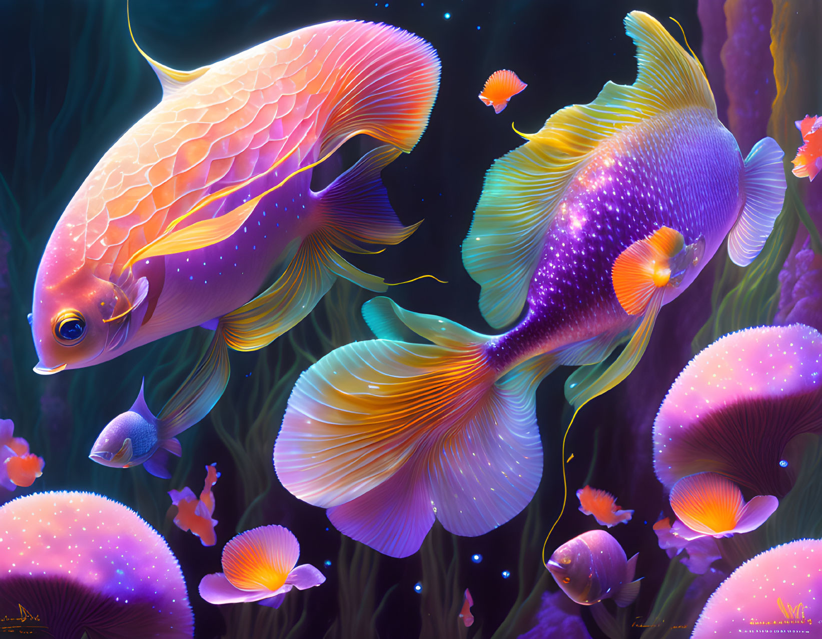 Colorful digital illustration: Exotic fish, iridescent scales, coral, and underwater scene