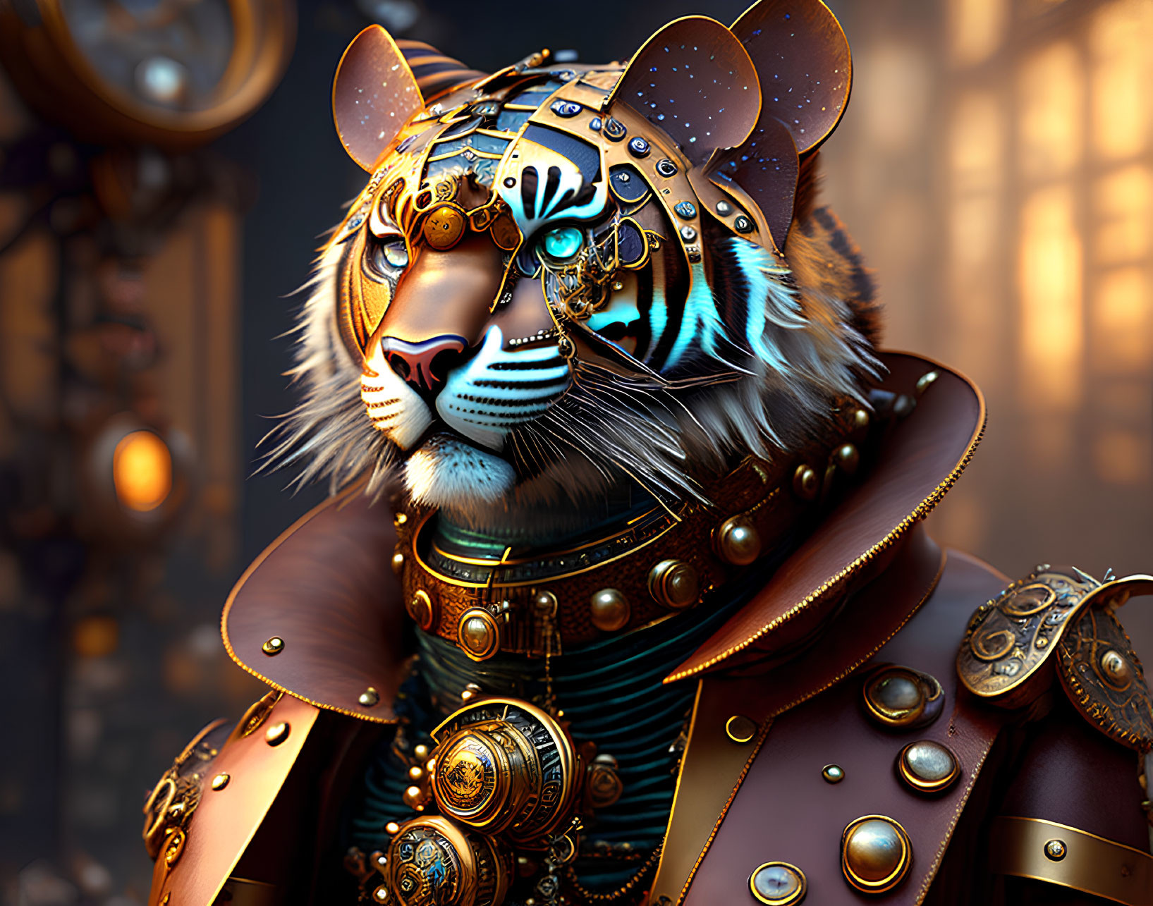 Steampunk-inspired tiger in mechanical armor against industrial backdrop