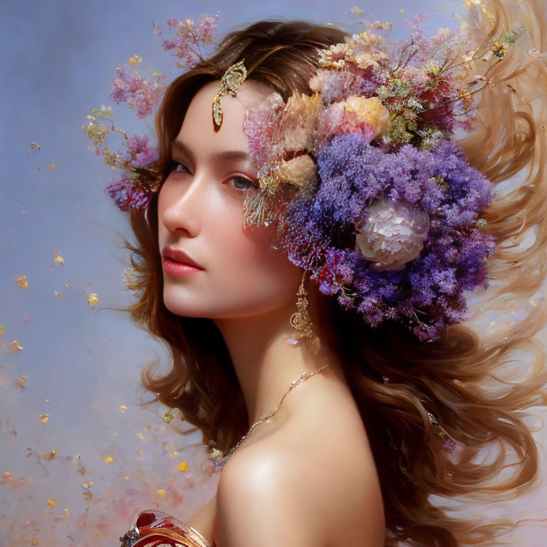 Fantastical painting of woman with floral headpiece