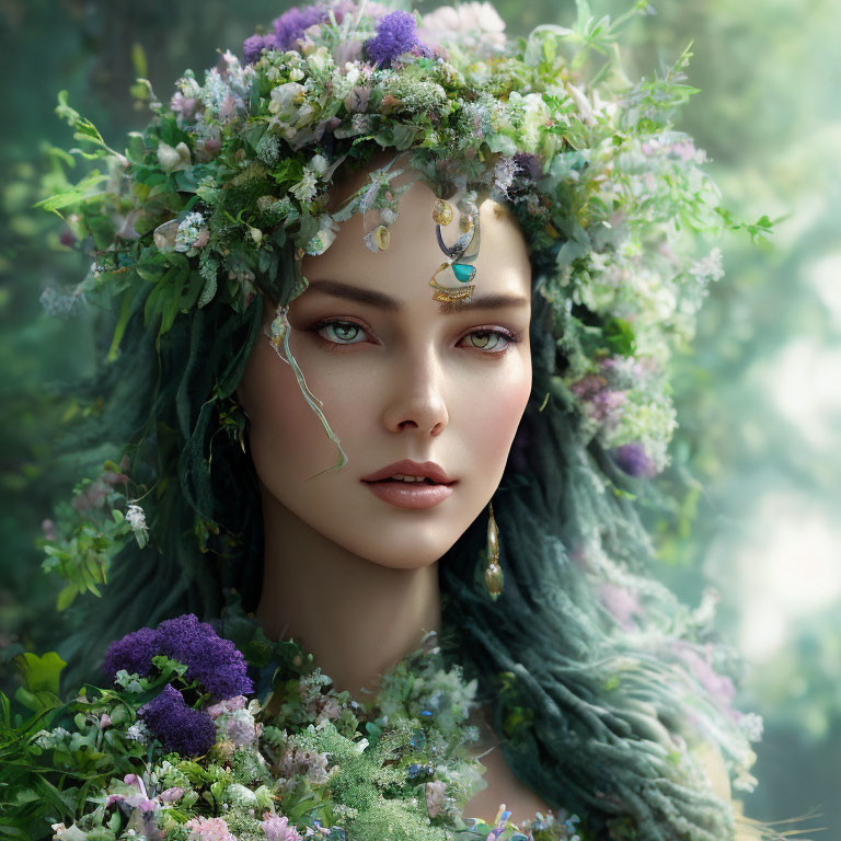 Woman with Green Floral Headdress and Jewel Earrings in Serene Portrait