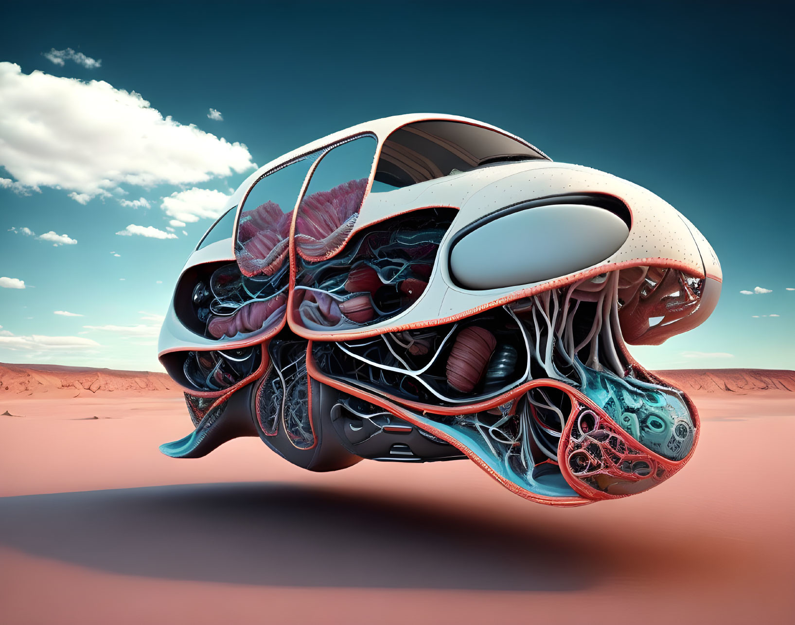 Organic-looking futuristic vehicle in desert landscape