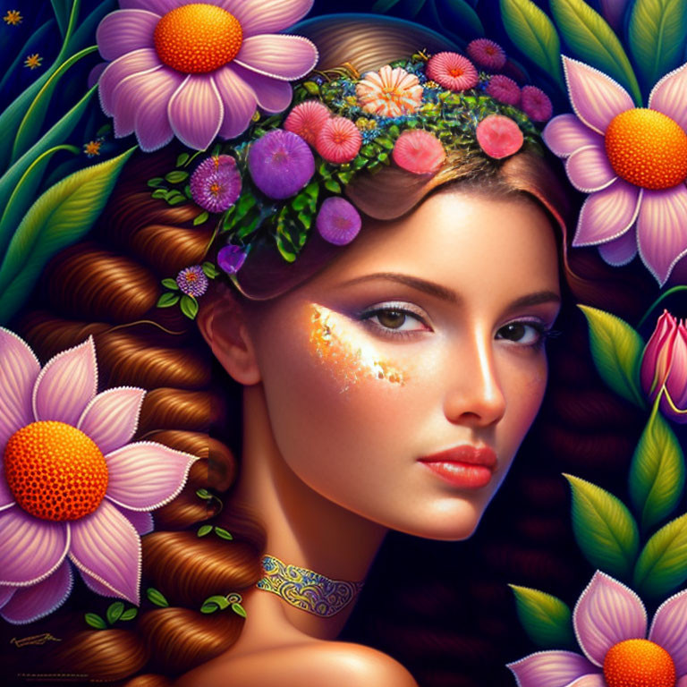 Detailed illustration of a woman with floral headband and vibrant flowers, showcasing intricate hair and serene expression