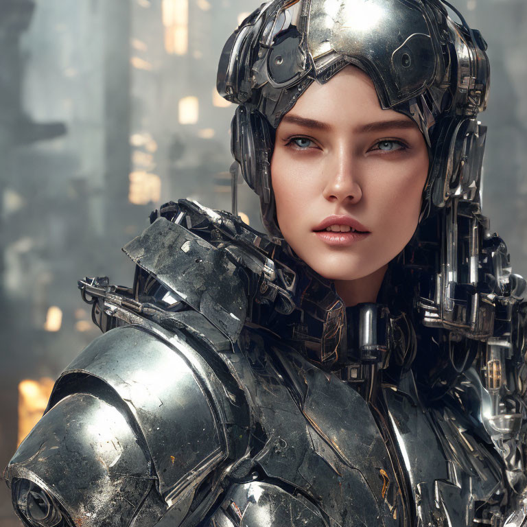 Futuristic metal helmet and armor against industrial backdrop