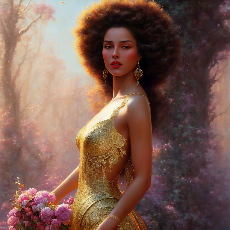 Voluminous Afro Woman in Golden Dress with Bouquet