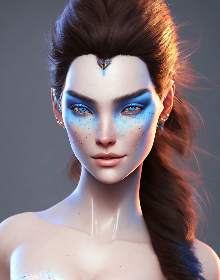 Digital portrait of female with vibrant blue eyes, blue eyeshadow, freckles, and brown