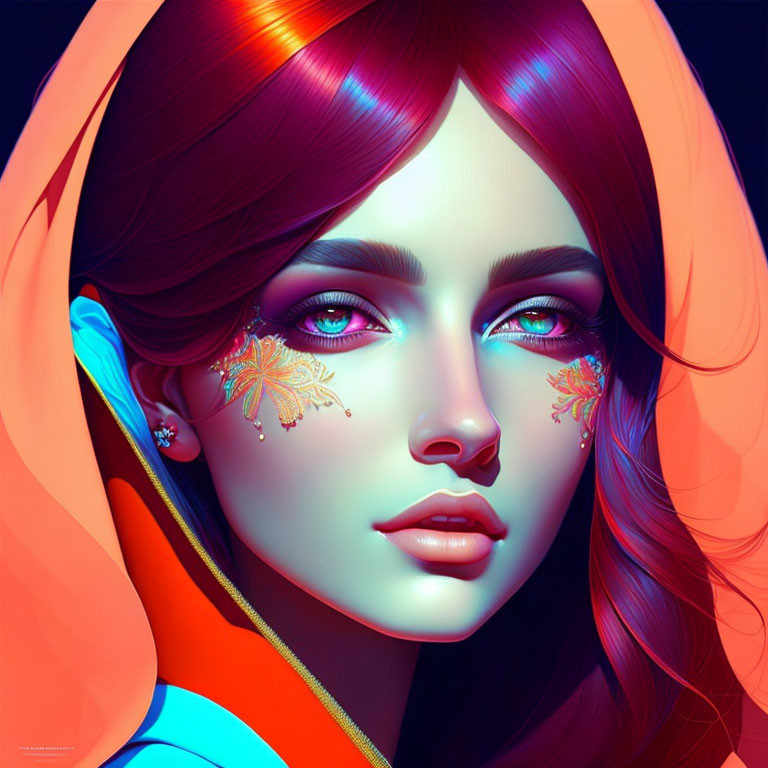 Vibrant digital portrait of woman with red hair and floral face paint