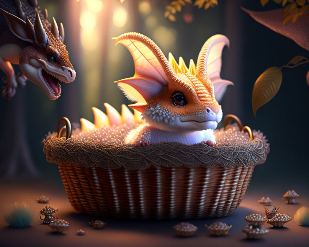 Two adorable dragons in whimsical forest setting