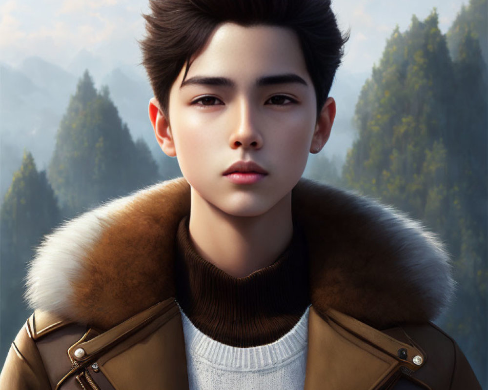 Young man with stylish hair in brown fur-collared jacket against forested mountain.