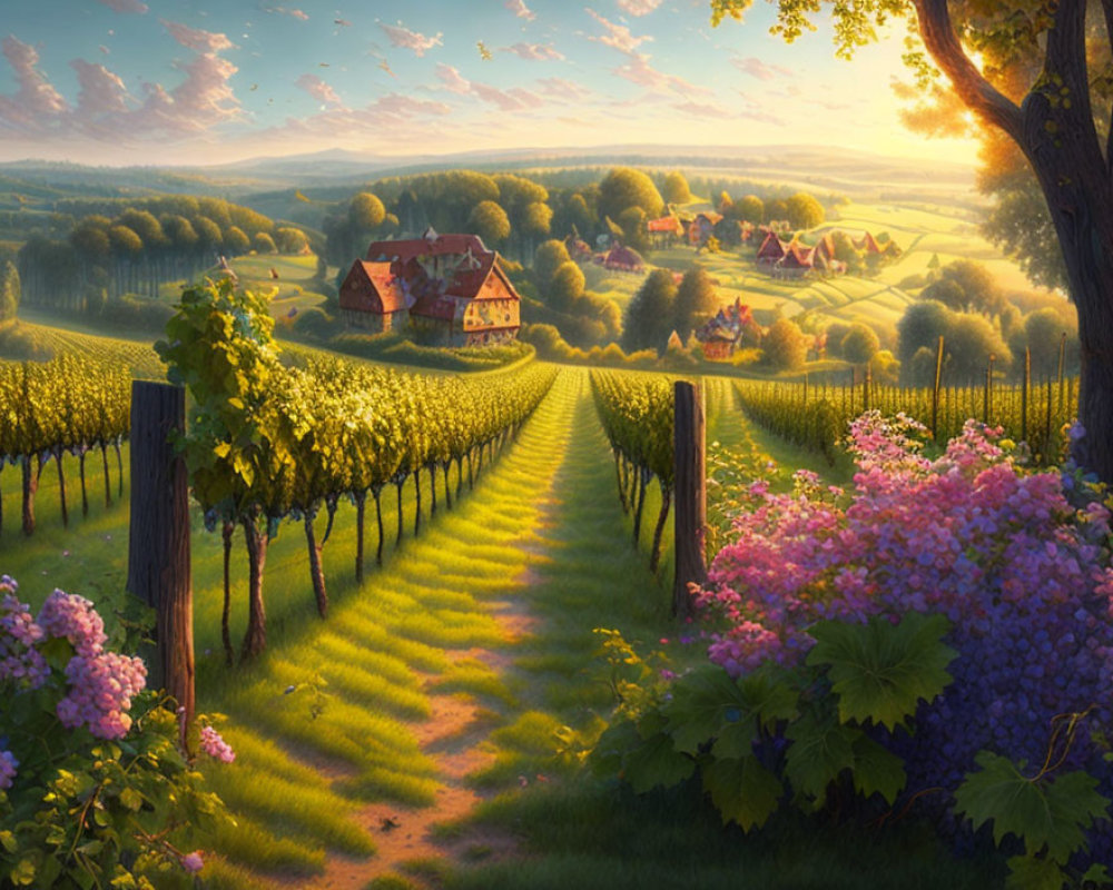 Sunset vineyard landscape with grapevines, flowers, golden sky, and houses