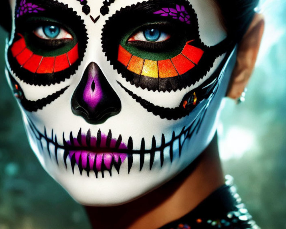Colorful Day of the Dead sugar skull makeup with jewel accent