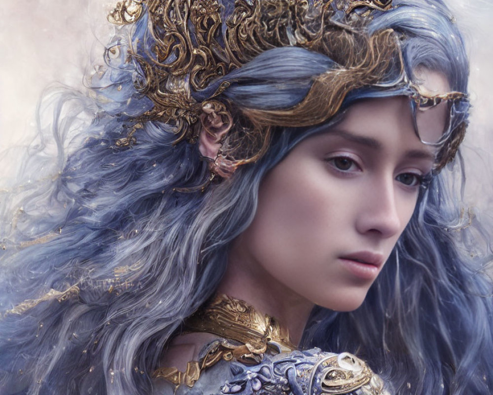 Intricate gold and blue fantasy portrait with flowing hair and detailed armor