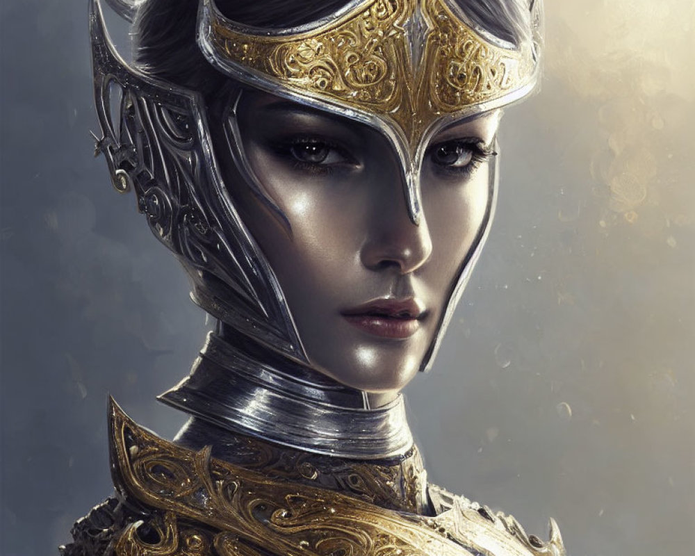 Medieval armor-inspired portrait of a woman with intricate gold designs