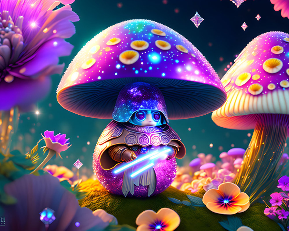 Colorful digital artwork: whimsical robot under large mushroom in fantasy setting