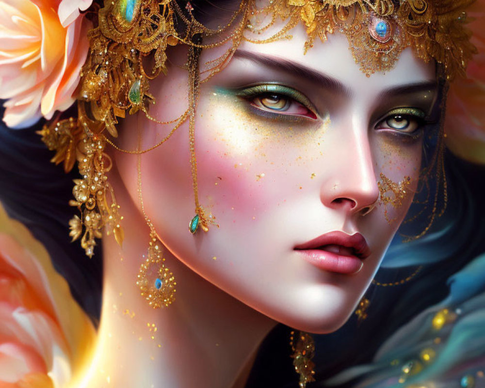 Digital Artwork: Woman with Striking Green Eyes and Gold Jewelry