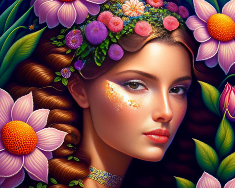 Detailed illustration of a woman with floral headband and vibrant flowers, showcasing intricate hair and serene expression