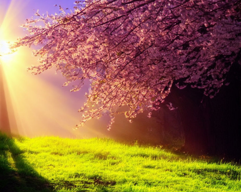 Cherry blossom tree in full bloom with sun rays on green grass