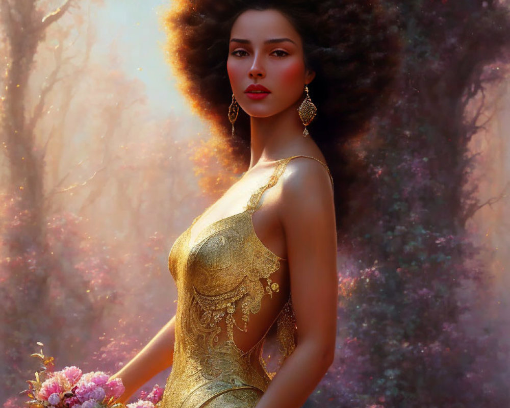 Voluminous Afro Woman in Golden Dress with Bouquet