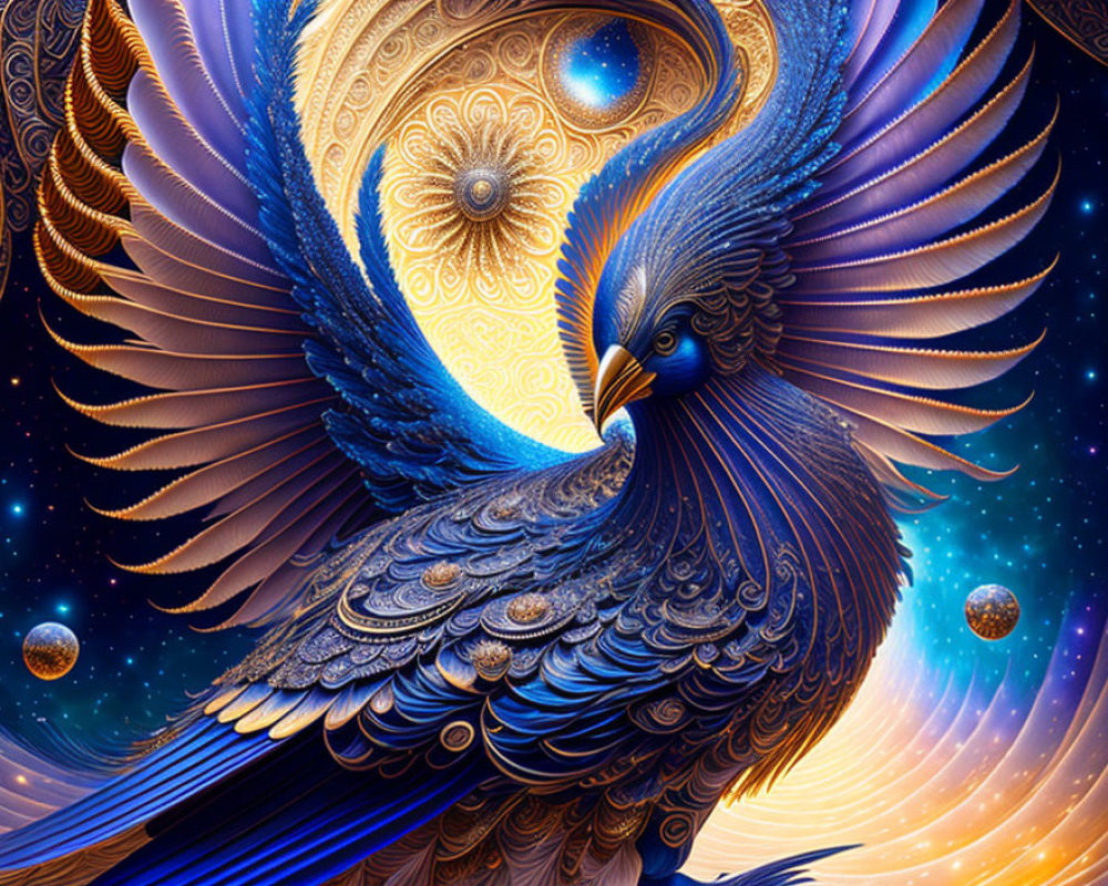 Majestic blue phoenix surrounded by celestial bodies and golden motifs