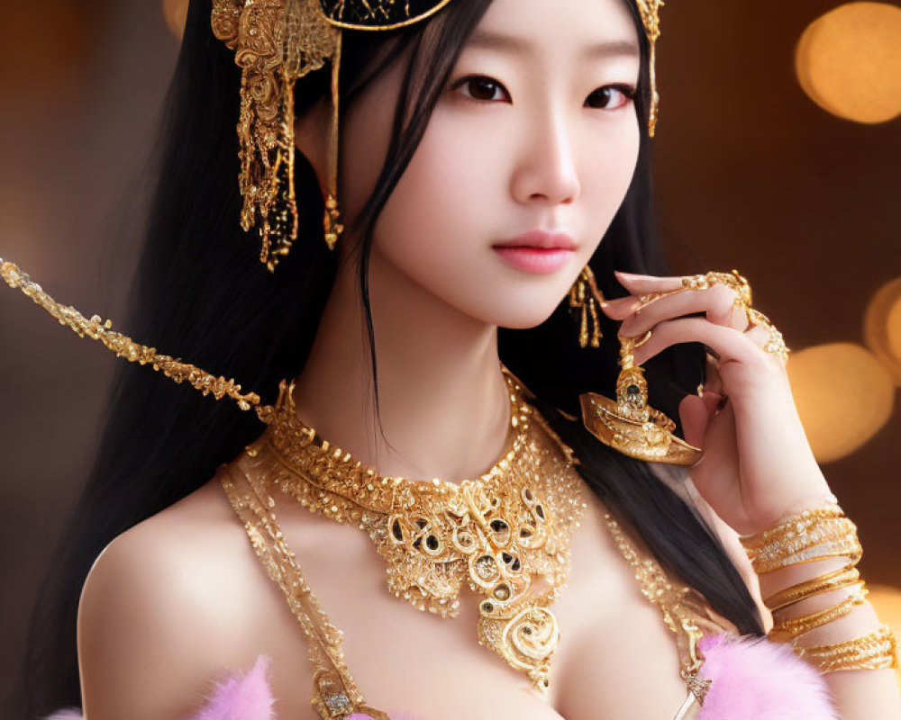 Regal woman with golden jewelry and pink fur headdress