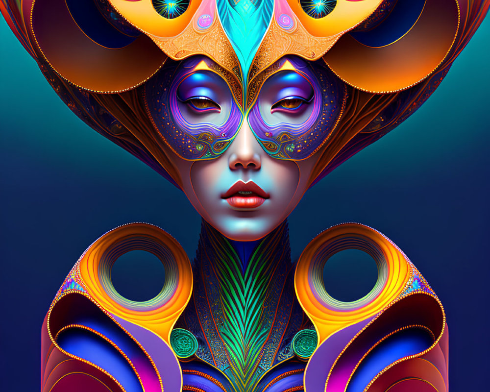 Colorful Digital Art: Figure with Ornate Headdress & Mask