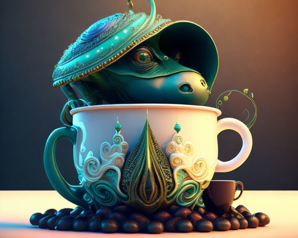 Surreal turtle with decorated shell in ornate teacup among coffee beans
