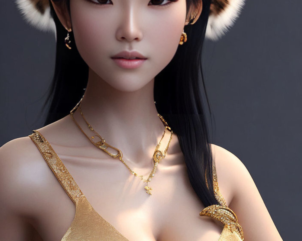 Digital artwork: Asian woman in gold jewelry and feline ears dress