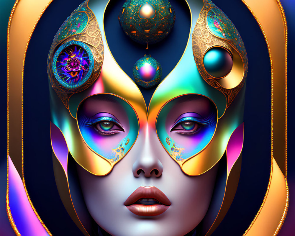 Digital artwork of female face with vibrant metallic tones & cosmic motifs